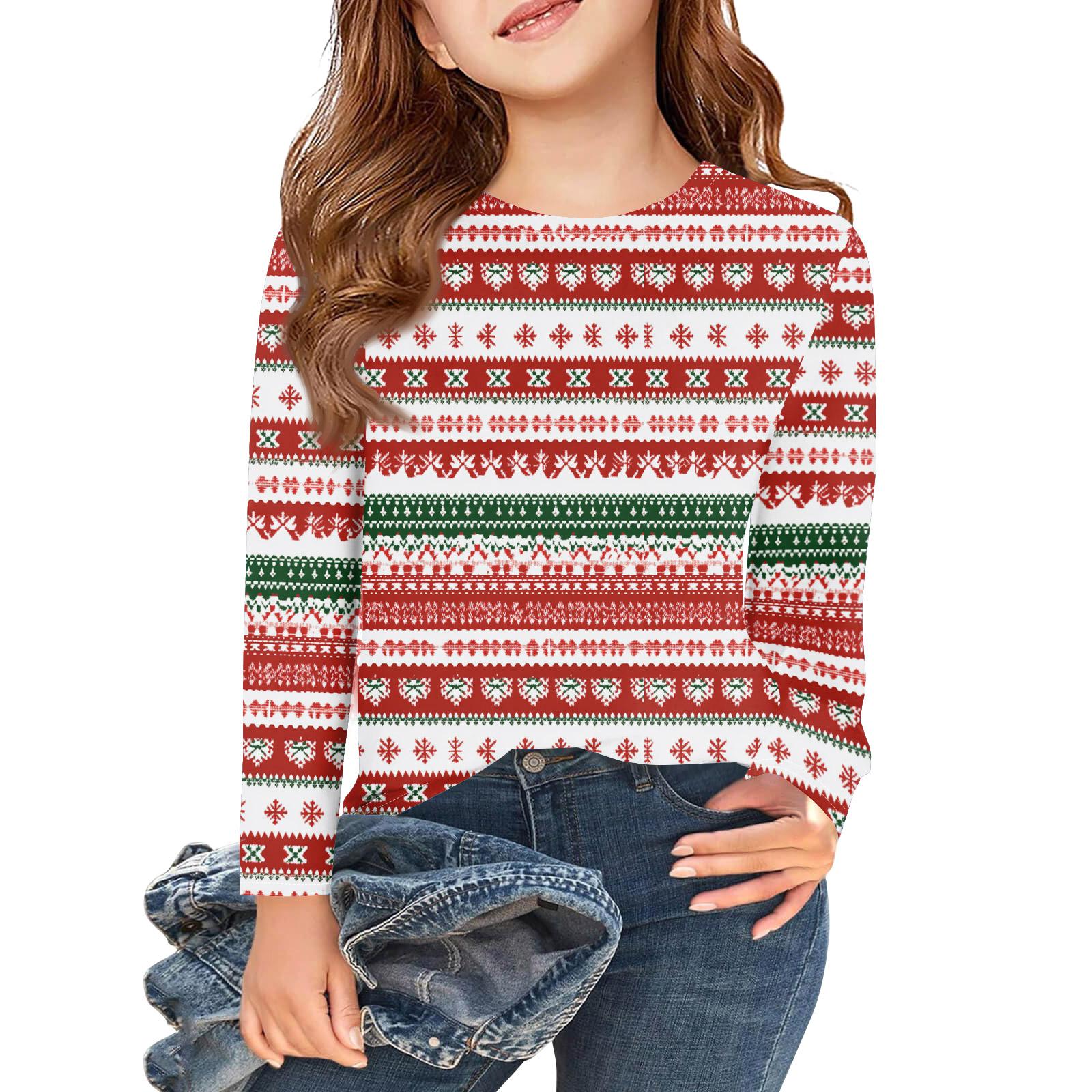 

Рождественские футболки с длинным рукавом для девочек, детские осенние топы с круглым вырезом и принтом, базовые футболки 160