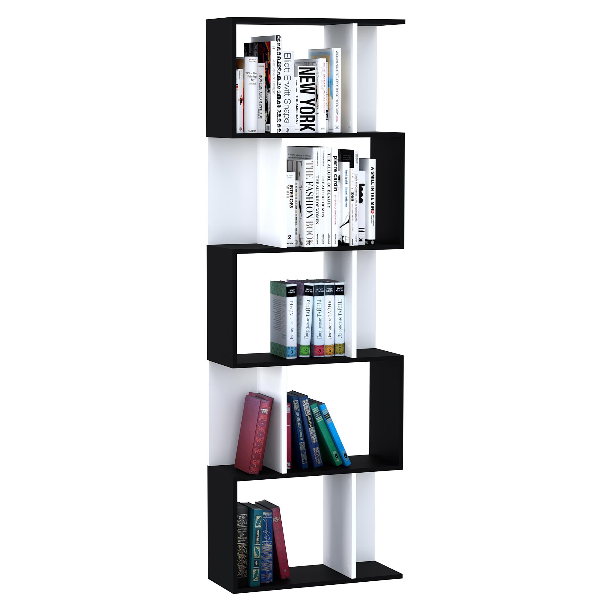 Estante, Estante de Madeira em Forma de S, Estante de Armazenamento Autoportante de 5/6 Níveis, Suporte Decorativo para Exibição para Escritório em Casa, Preto e Branco 60 x 24 x 185 cm