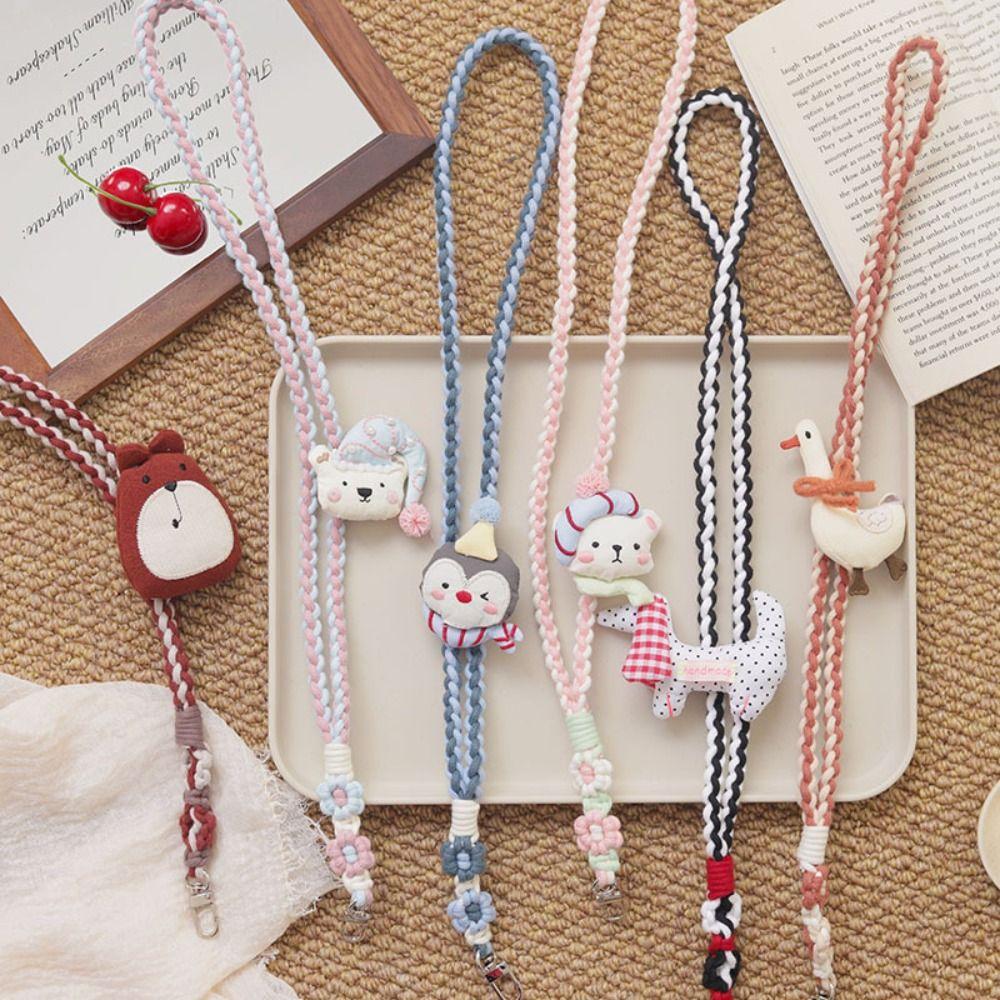Handmade Wrist Strap Cartoon Brooch Bag Braided Rope Sweet Crochet Weave Lanyard  Daily