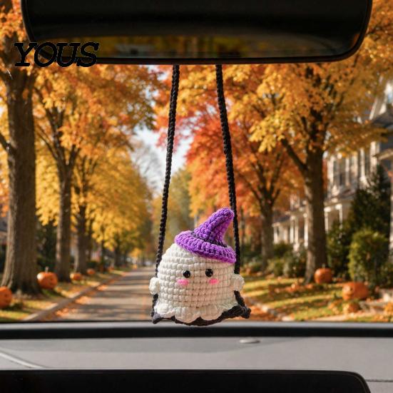 Handmade Aesthetic Car Decor Cute Crochet Ghost Ornaments, Mini Knitted Doll, Hanging Accessory Decorative Rearview Mirror for Auto Interior