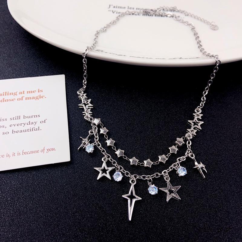 Colier de lux cu stea cu zircon pentru damă, cu două straturi - Lant claviculă versatil, la modă
