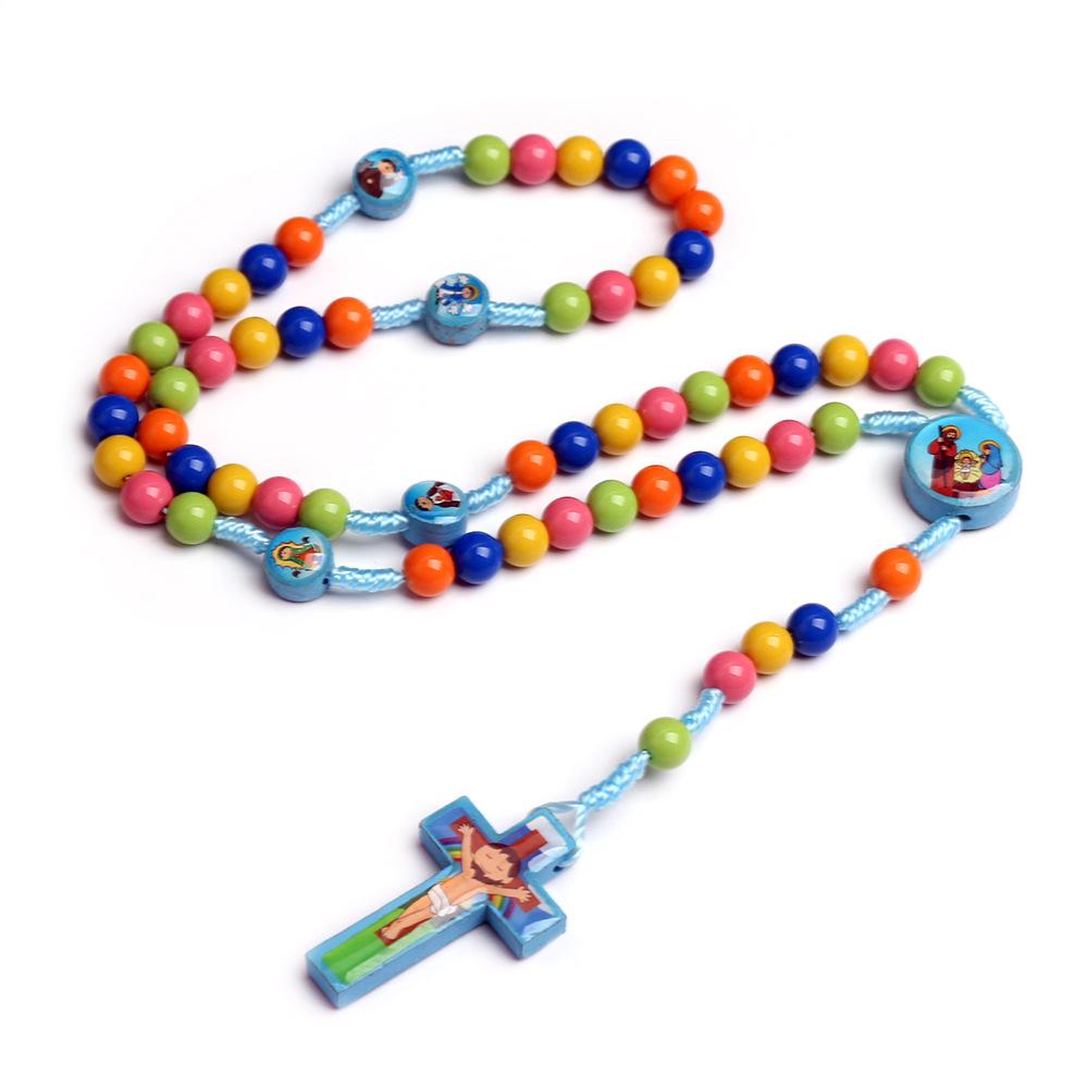 Colorful Beaded Children's Cross Necklace - Handmade Acrylic Rosary for Baptism