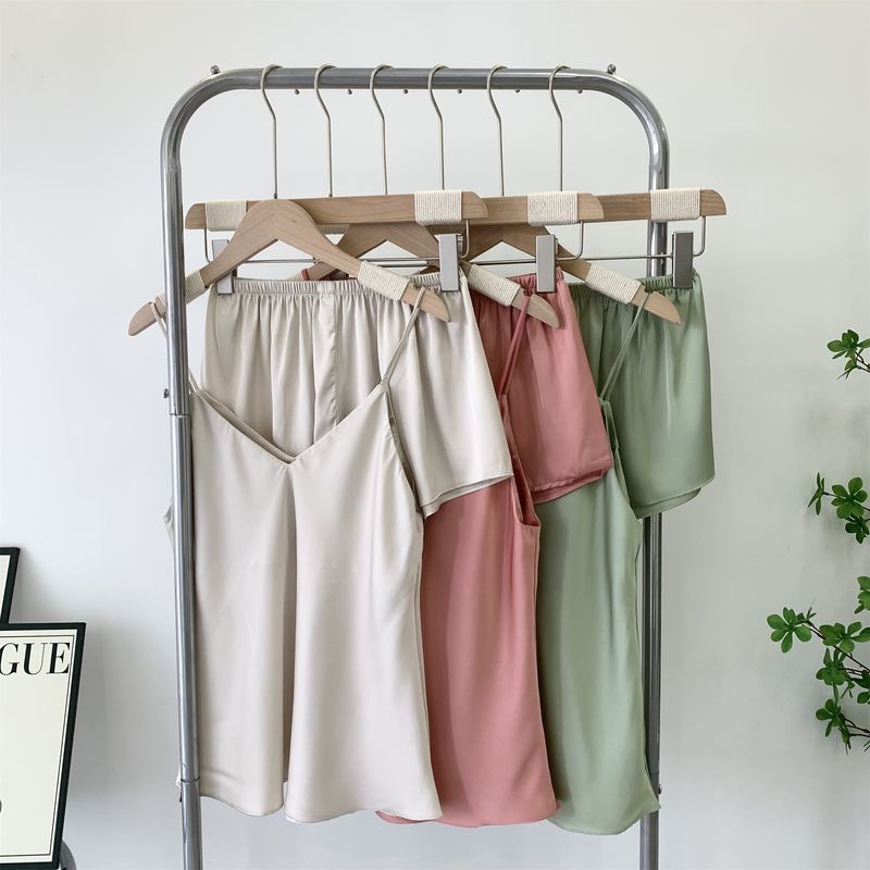 

Suspender Shorts Pajamas Suit Women s Cool Summer Double Layer Nipple Coverage Sexy Silk Home Wear Sling Bottoming Shirt Rice gray slight blemish L