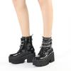 Leather Women Modern Boots Gothic Style Metal Bat Dark Black Platform Mid Calf Boots Chunky Heels Sexy High Heels