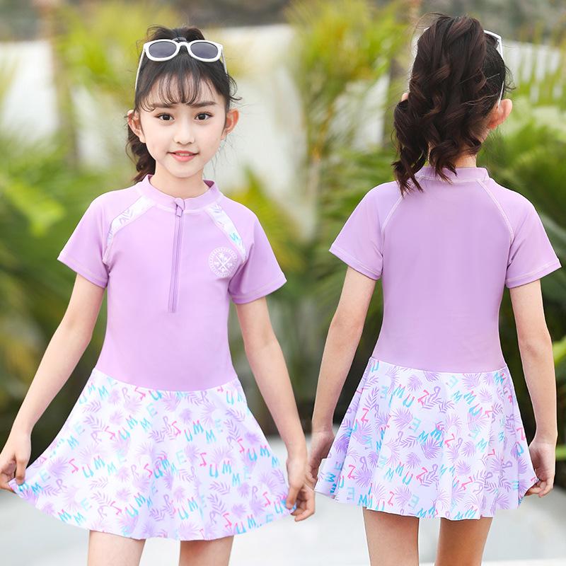Princess Style Girls' UV Protection Quick-Dry Cute Short-Sleeve Swimsuit Jumpsuit