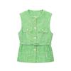 Spring and Summer New Women's Clothing Single-Breasted Flip round Neck Sleeveless with Belt Texture Vest 2132091
