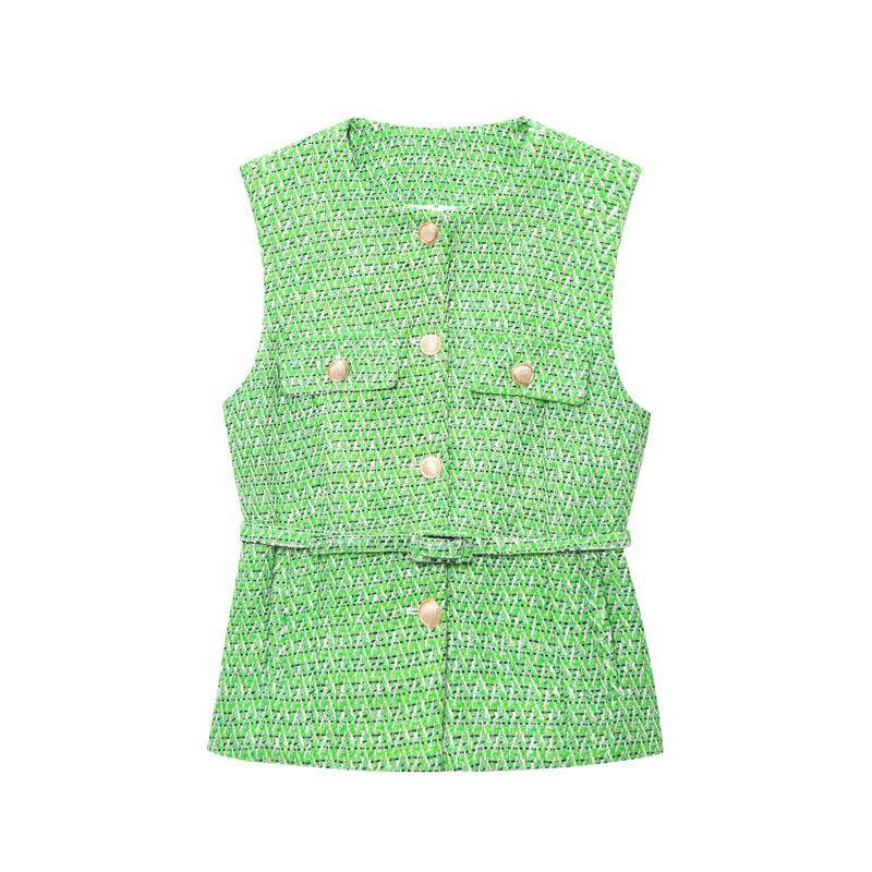 Spring and Summer New Women's Clothing Single-Breasted Flip round Neck Sleeveless with Belt Texture Vest 2132091