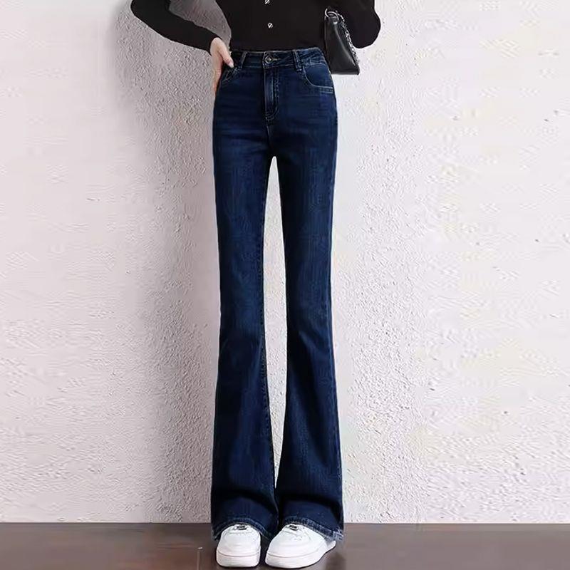Women's Blue Velvet-Lined High-Waisted Flare Jeans - Plus Size, Slimming Autumn/Winter Style