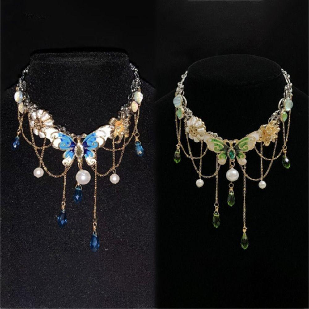 Vícevrstvý náhrdelník s kamínky ve tvaru motýla Sladký dámský choker s třásněmi Křišťálový náhrdelník Pro dívky