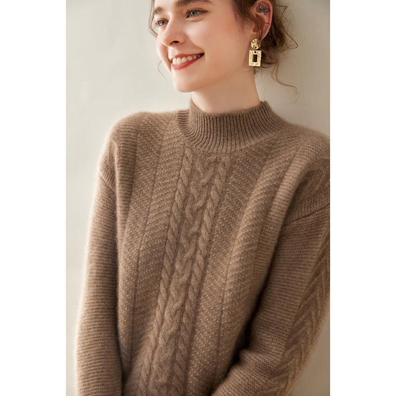 Women's Soft Cashmere Cable Knitwear - Semi-High Neck, Thickened for Autumn/Winter, Can Be Worn Alone or as a Commuting Base Layer