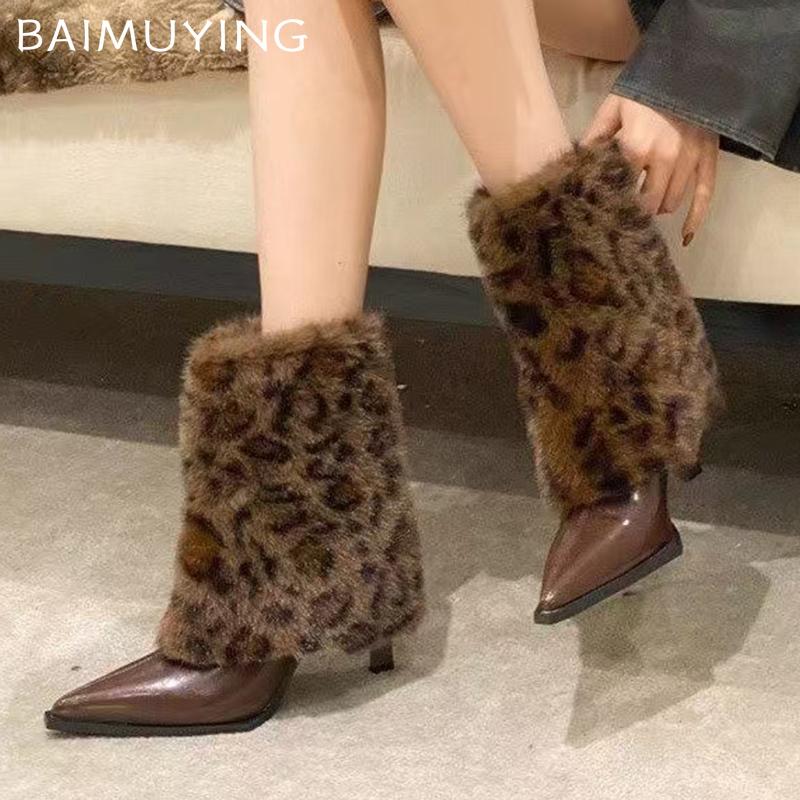 Leopard Fur Women Ankle Boots Pointed Toe Sexy High Heels Shoes 2025 Trend Fashion Leather Pumps Designer Winter Botas De Mujer