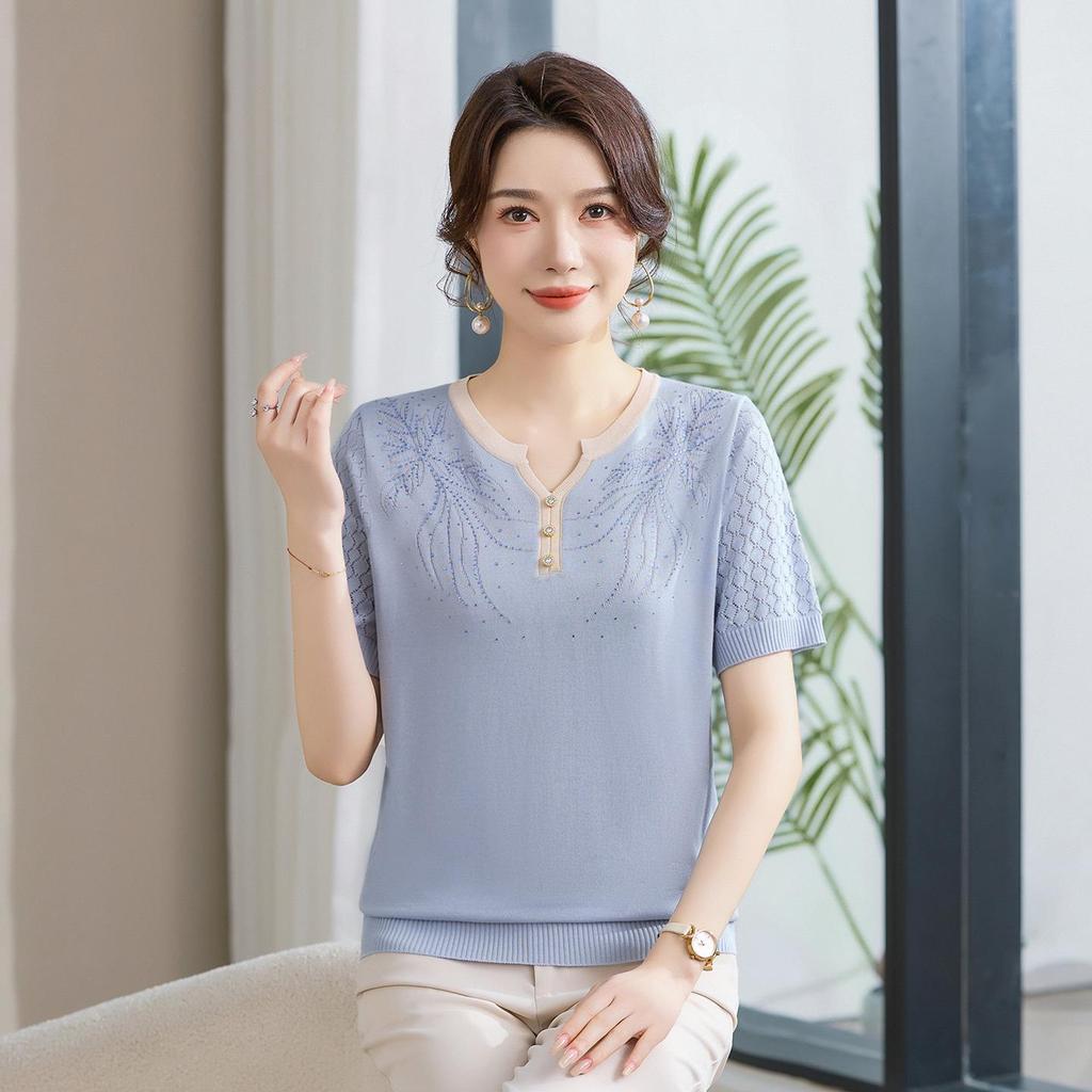 Summer 2026 Ice Silk Knit T-Shirt: Short-Sleeve, Loose Fit for Middle-Aged & Elderly Women