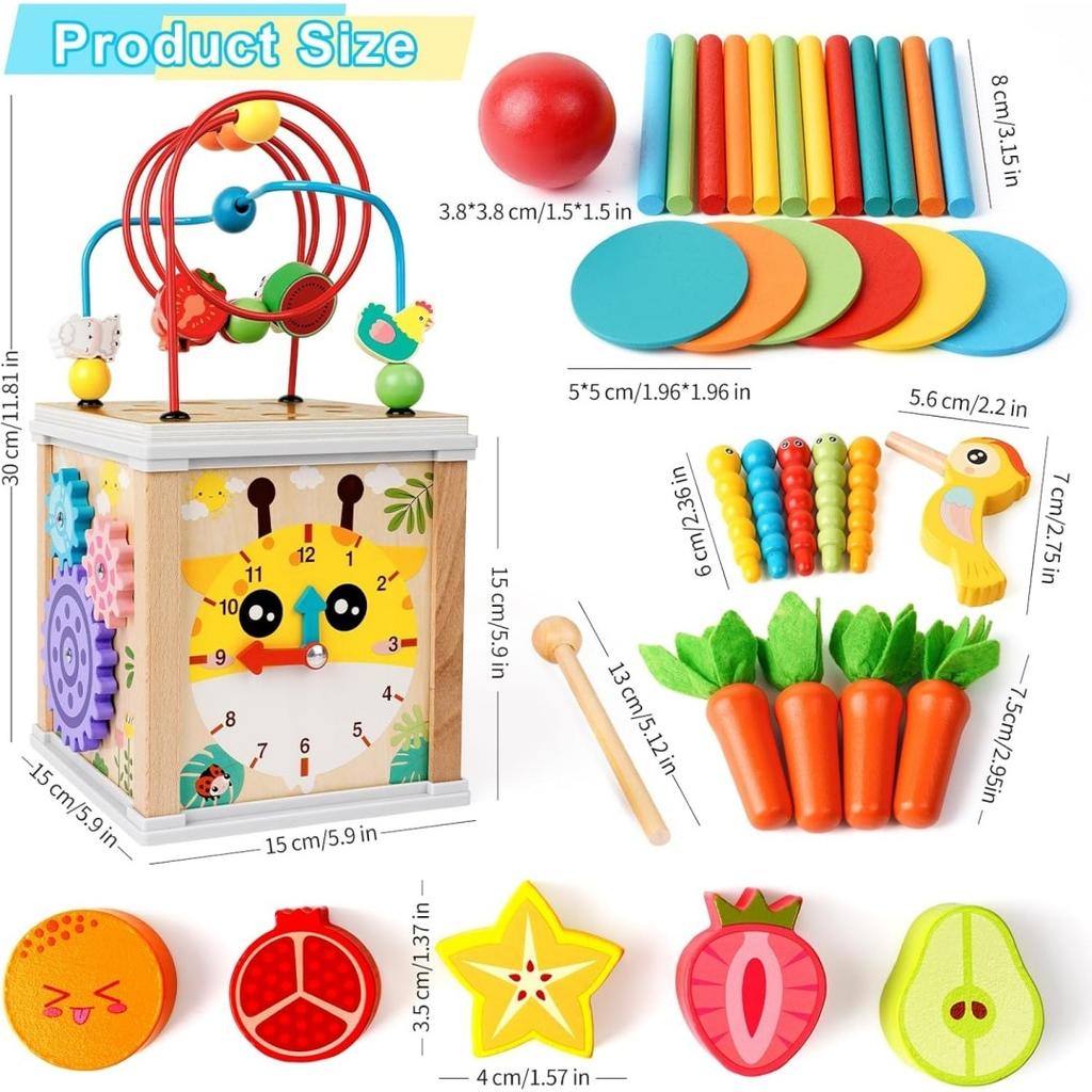 Montessori Wooden Educational Cube for Kids, Fishing Activity Toy with Shape Sorting, Multicolor Early Learning Toy