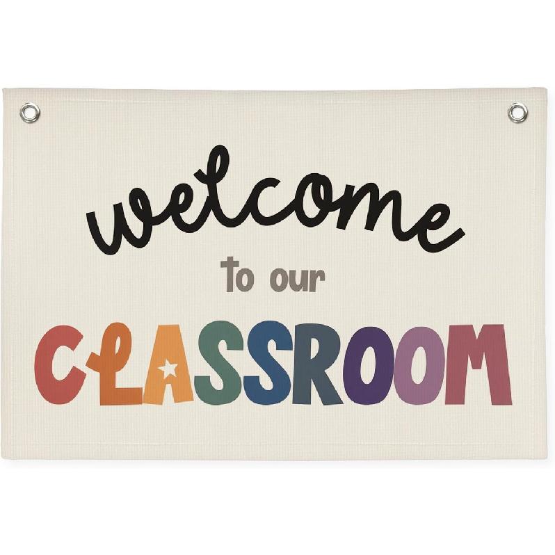 Camp Sign, Camping Classroom Decor, Classroom Welcome Signs Canvas Banner Green Decorations for Back to School Teachers Students Home Wall Door Welcome to our Classroom