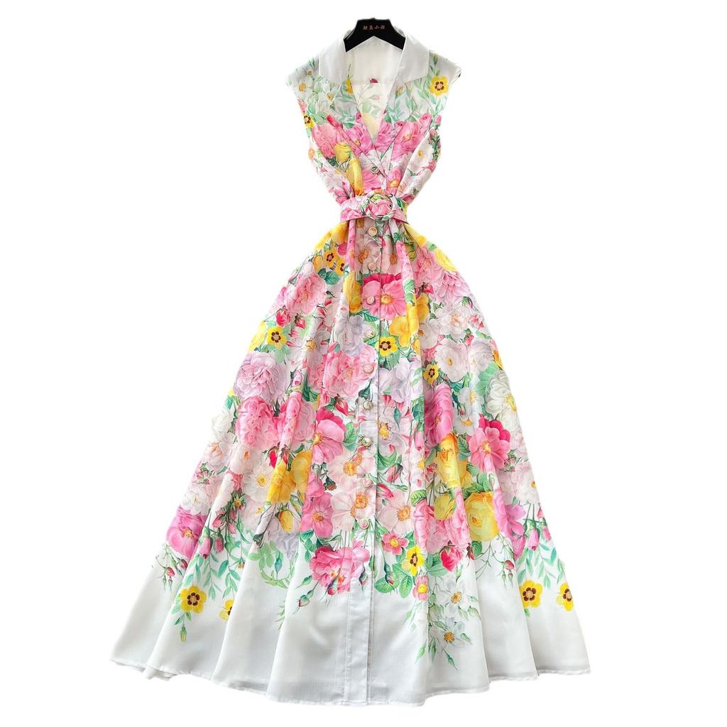 Spring new French elegant suit collar sleeveless waist single-breasted printed European and American style long dress