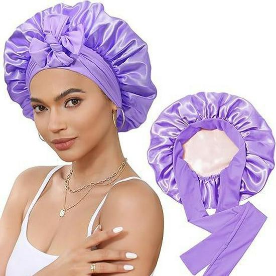Double-Layer Satin Bowknot Sleep Cap - Imitation Silk Wide Brim Hat for Hair Care