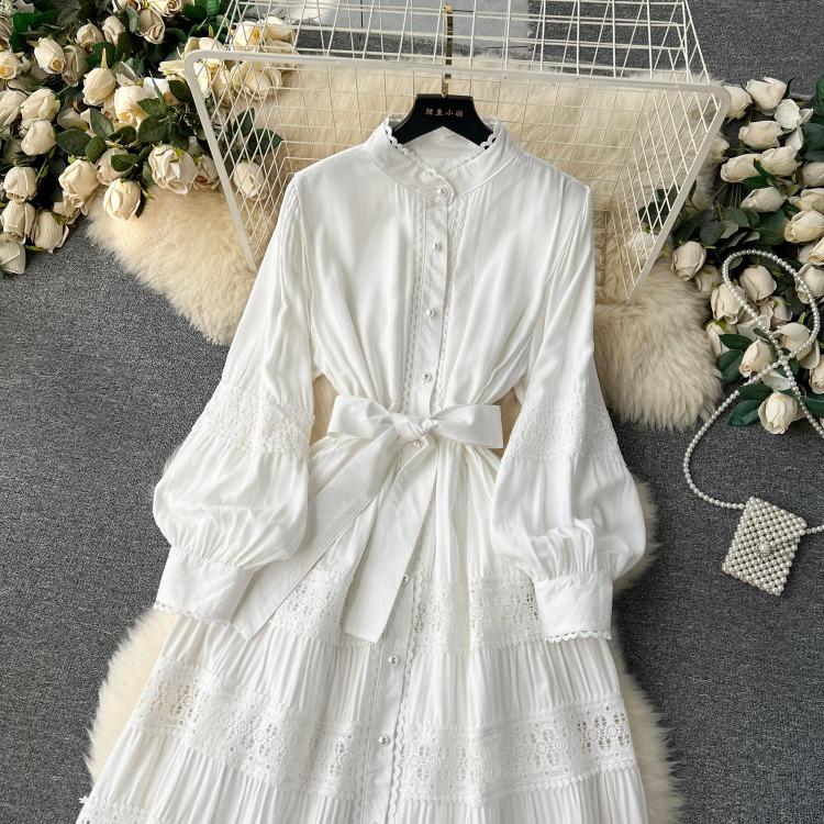 Luxury Party Dress for Women Long Lace Hollow Out Bandage Runway Patchwork Solid Lantern Sleeve Single Breasted Stand Dress