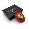 Leather Metal Car Keychain 3D Emblem Key Chain Ring For Porsche Macan 911 718 Taycan Panamera Cayenne Boxster Cayman Accessories