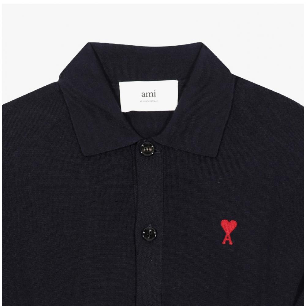 Ami Ami De Quoi Small Heart Logo Polo Men S Cardigan Kn0025