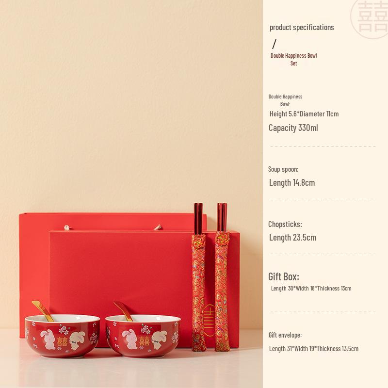 Double Happiness Red Bowl & Chopsticks Set - Wedding, Housewarming, Birthday, Anniversary Gift