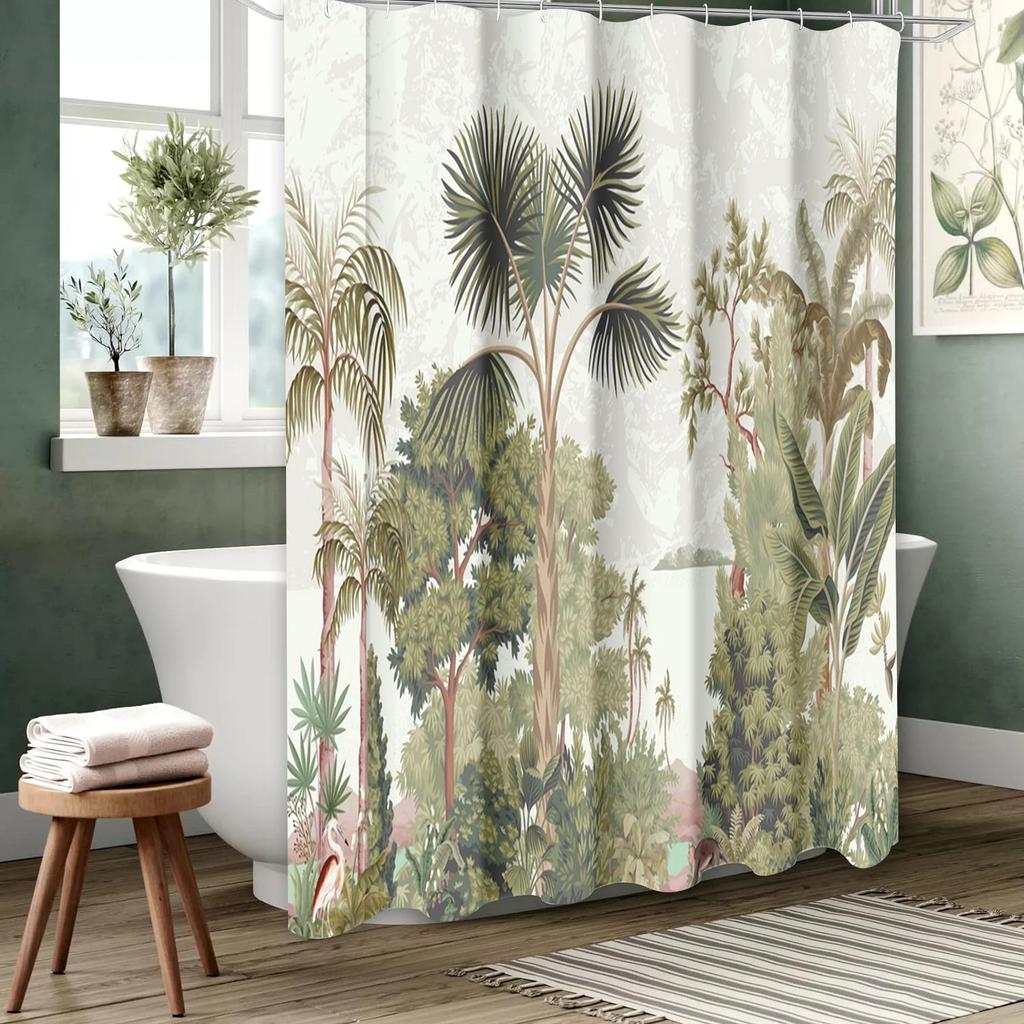 Tropical Plant Pattern Bathing Curtain Bathroom Shower Curtain Waterproof With 12 Hooks Home Deco