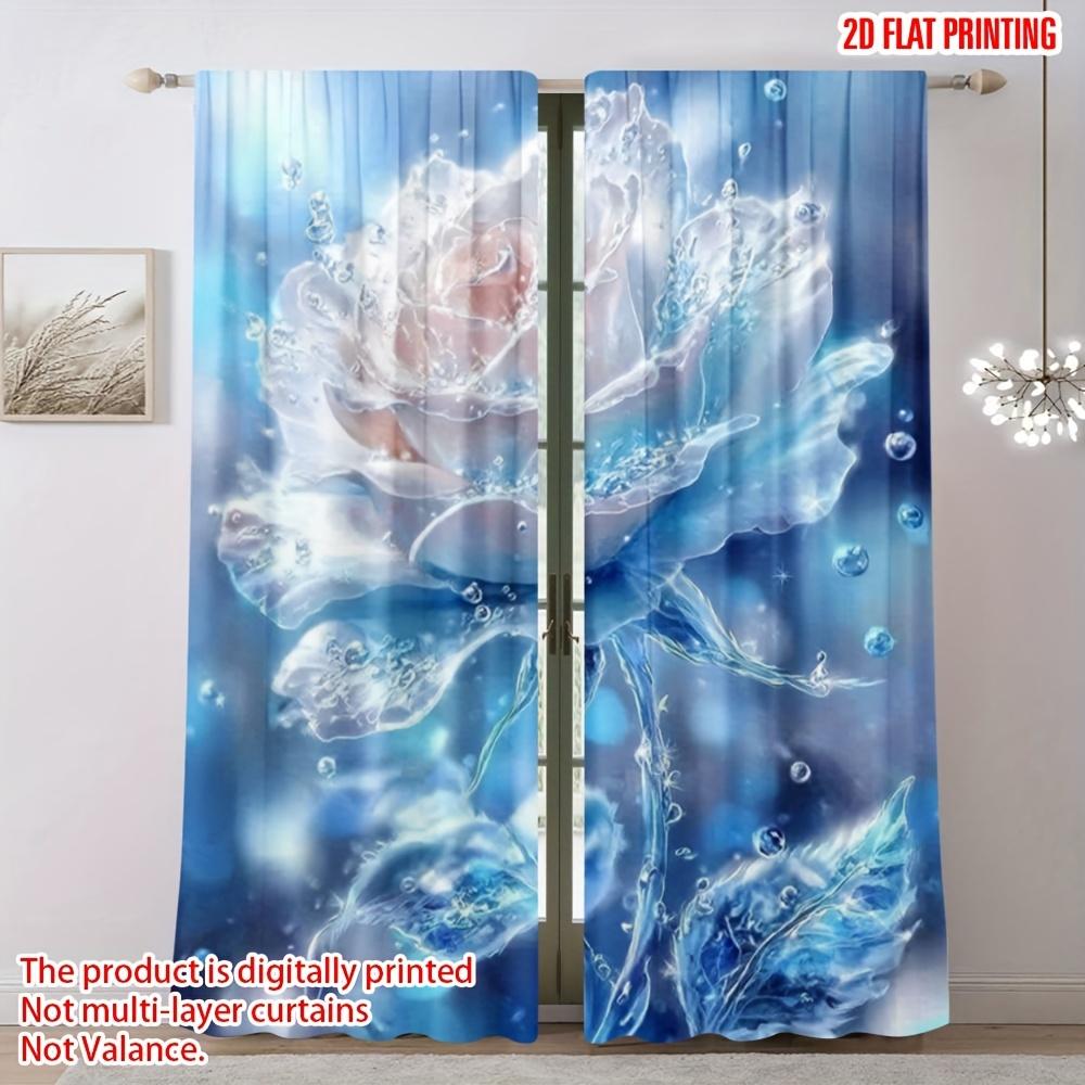 2 Pcs 2D Winter Christmas Curtains – Blue Icy Lake with Roses Print Polyester for Bedroom & Living Room Decor