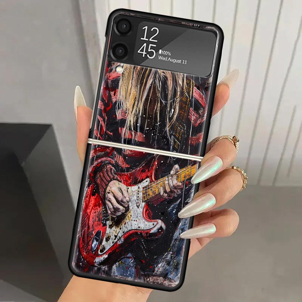 Retro Singer Kurt Cobain Hard PC Phone Case For Samsung Galaxy Z Flip 7 6 5 4 3 Black ZFlip7 ZFlip6 Flip5 Flip4 Flip3 5G Print C