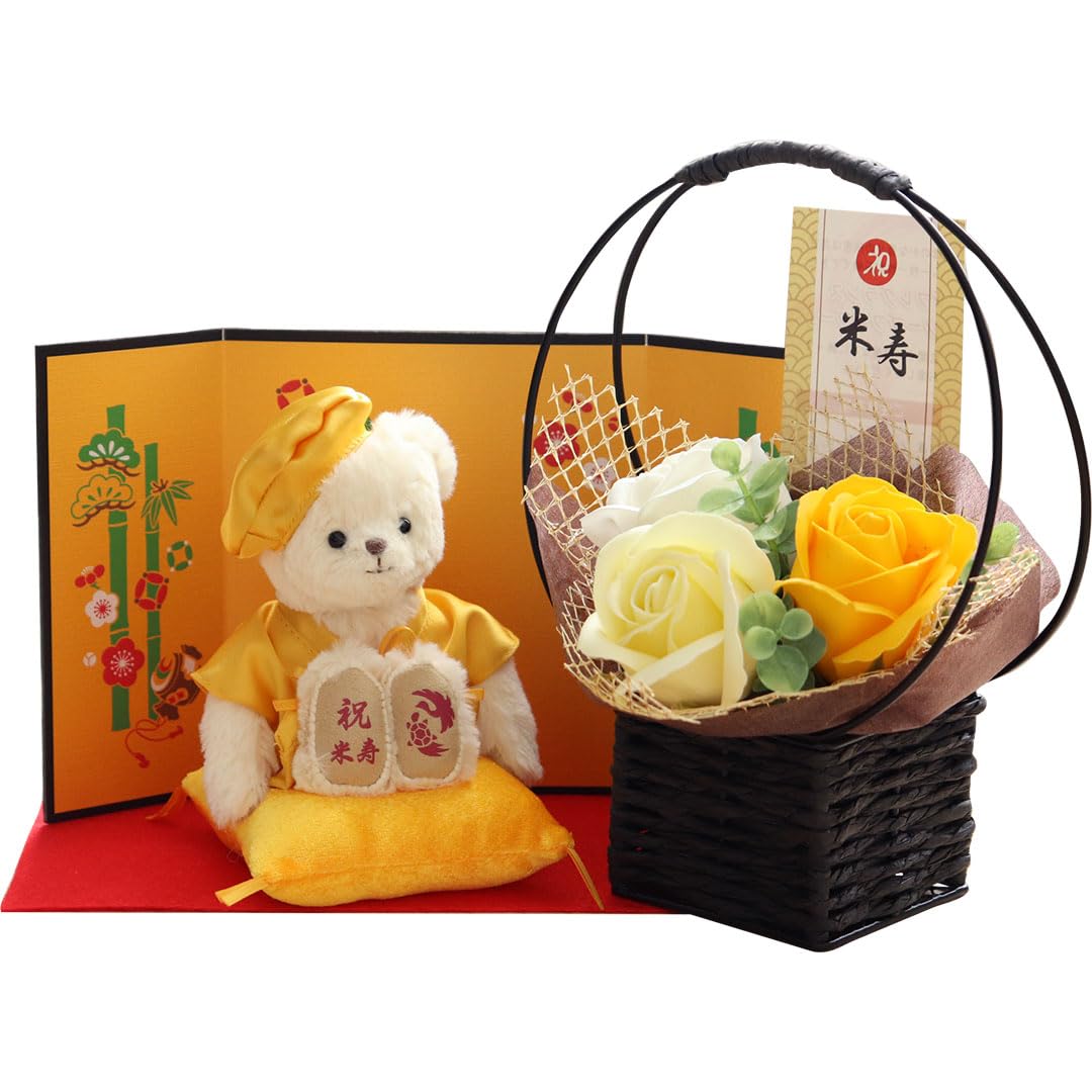 

A celebratory teddy bear wearing yellow Chanchanko for Yoneju folding screen fragrance soap [Petit Lou] (gold flower)