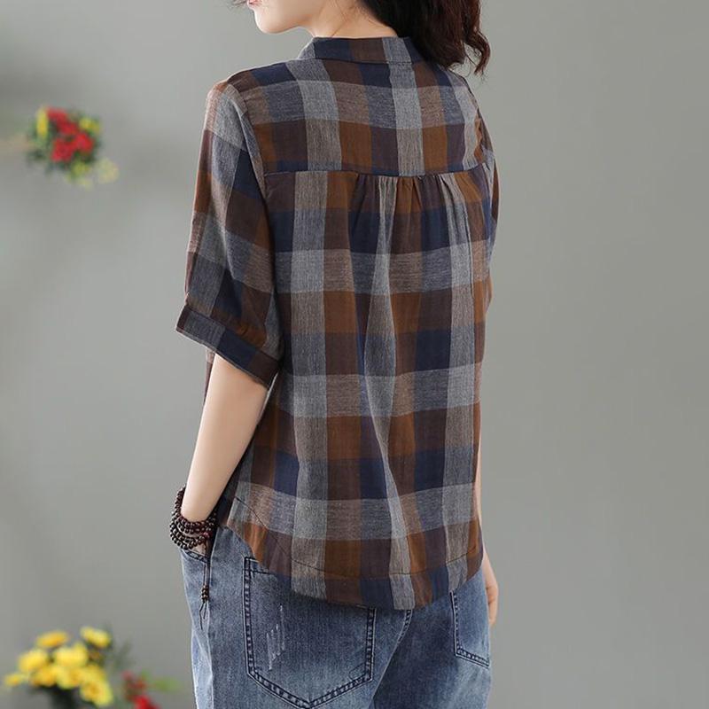 Tops Women Cotton Summer Large Size T-shirt Loose Vintage Plaid Casual Top Casual Pullover T-shirt Top