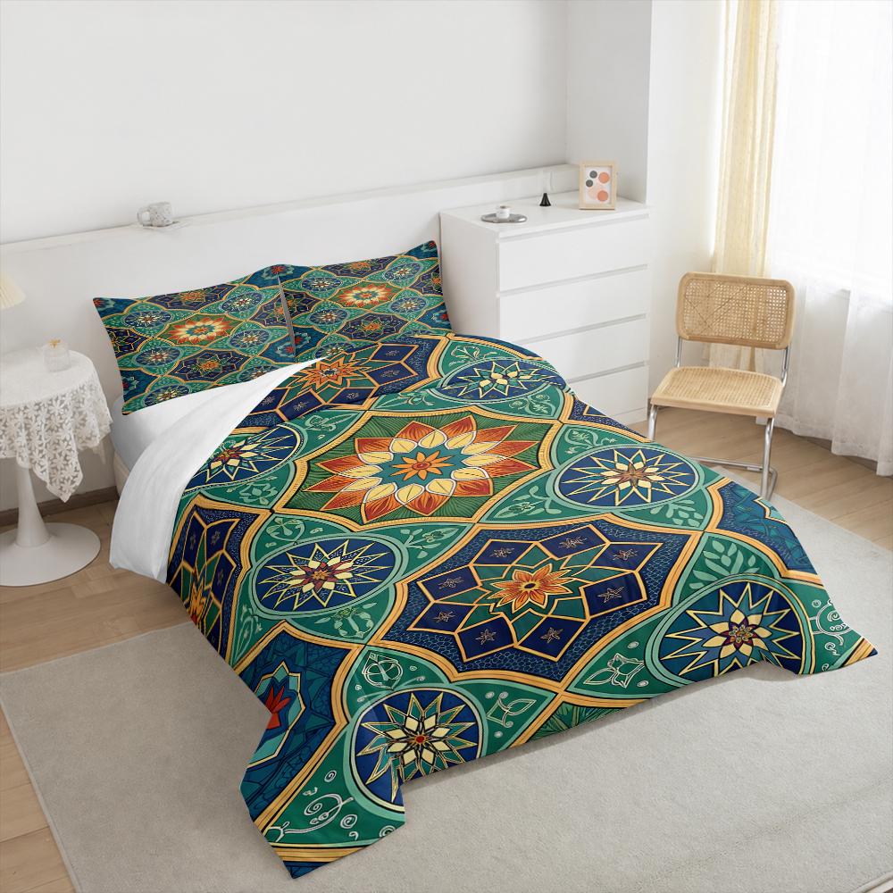 3 Piece Bedding Set Moroccan Tile Pattern Blue Green Gold Ornate Print Duvet Cover for Adult Room Decor