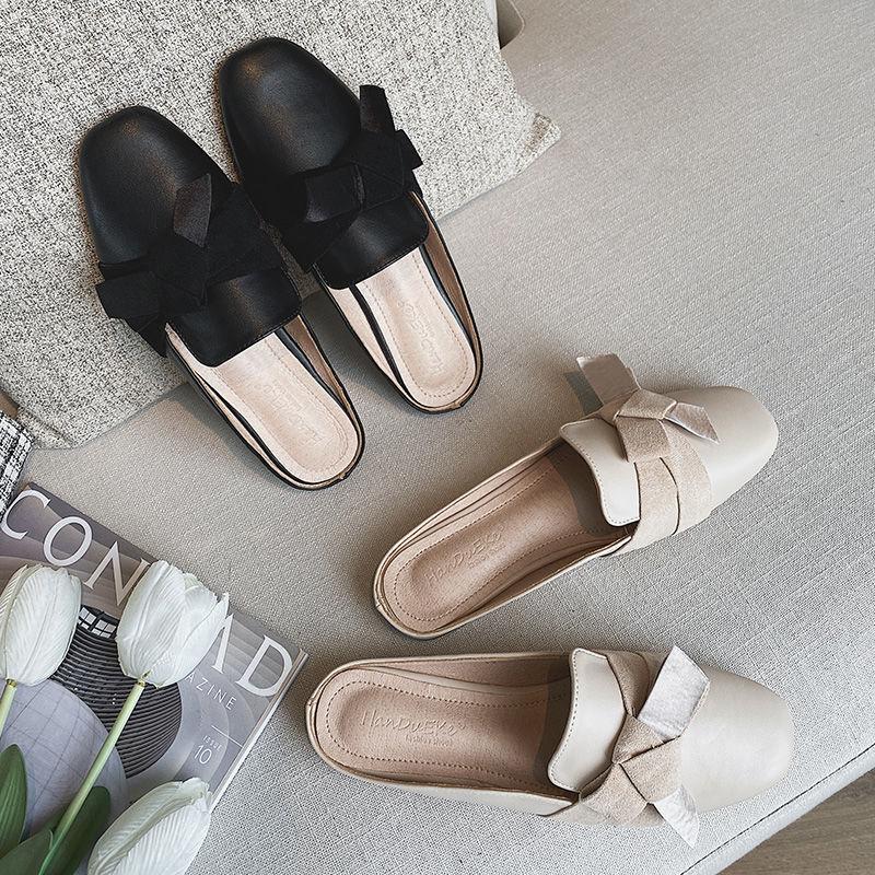 Baotou Half Tray Single Shoes Women's 2025 Autumn Models Flat Bottom Versatile Fashion Soft Leather Bow Square Head Internet Celebrity Lazy