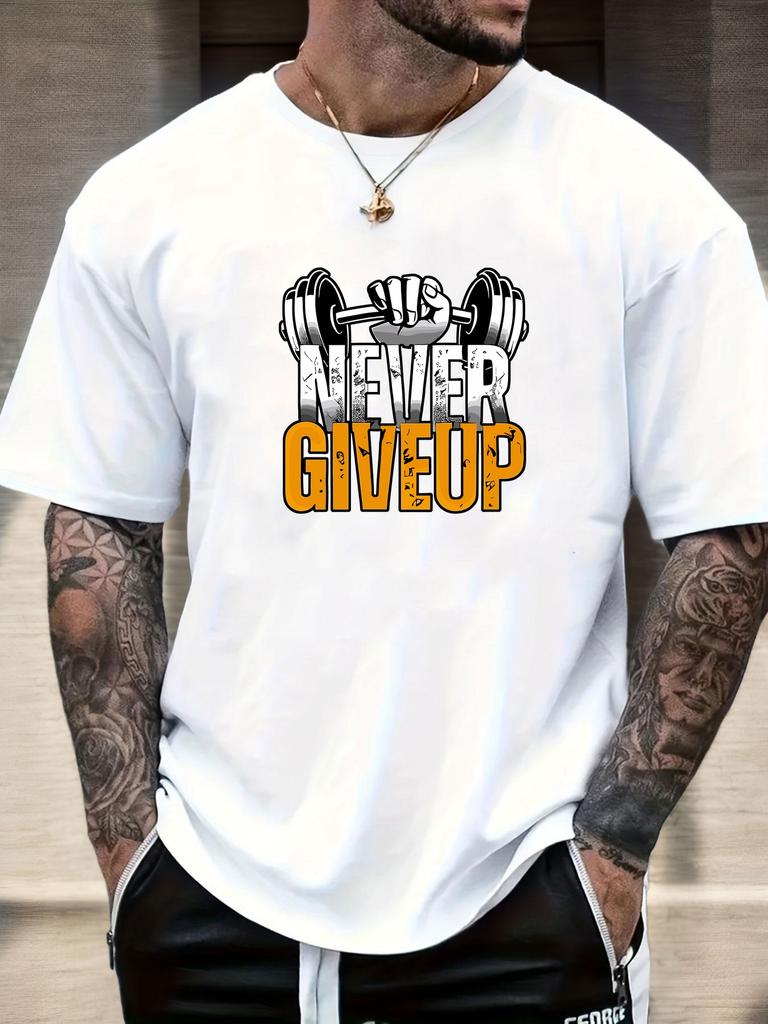 Gym Tshirt 2025 Summer Essential Mens Comfy Everyday Trendy Never Give Up Barbell Print 100 Cotton Short Sleeve Casual Top