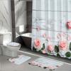 4Pcs Pink Rose Pattern Shower Curtain Set with Non-Slip Bath Mat, Toilet Lid Cover, Contour Rug & 12 Hooks, Bathroom Decor