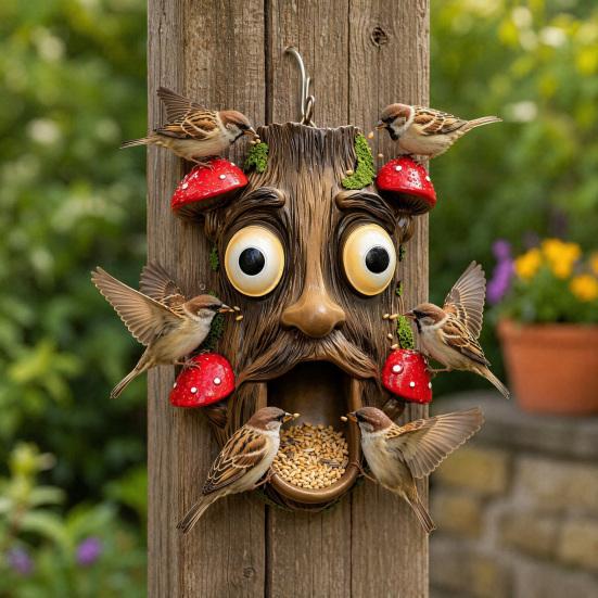 Tree Face Bird Feeder, Funny Tree Face Garden Sculpture, Outdoor Decorative Bird Feeder for Trees Fences Posts Walls