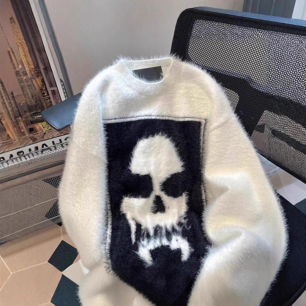 Unisex Skull Sweater: American Retro Punk Style, Thick Winter Knitted Cardigan
