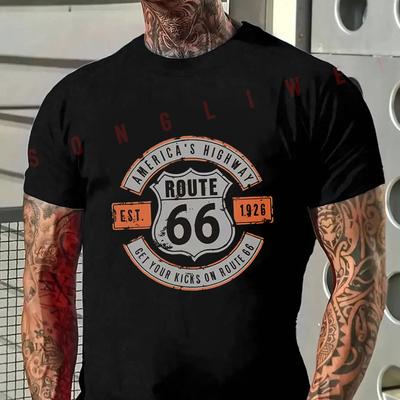 Vintage Route 66 Graphic Retro American Motorcycle T-Shirt Men Hip Hop Streetwear Unisex Casual