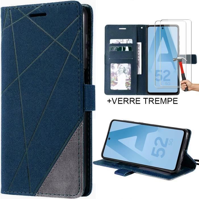 Coque pour Samsung A52 4G-5G A52s 5G + 2 Verres Trempés - Protection Effet Cuir Bleu Marine