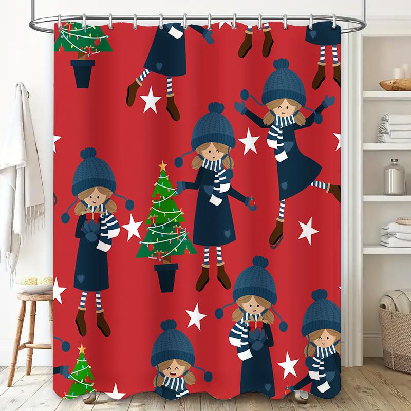 Winter Christmas-themed shower curtain with cartoon girl design for bathroom decor