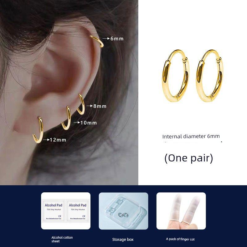 

Medical Titanium Steel Simple Bracelet Sleep Women s Non-Fading Ear Studs Gold inner diameter 6mm pair [needle thick 0.8]]