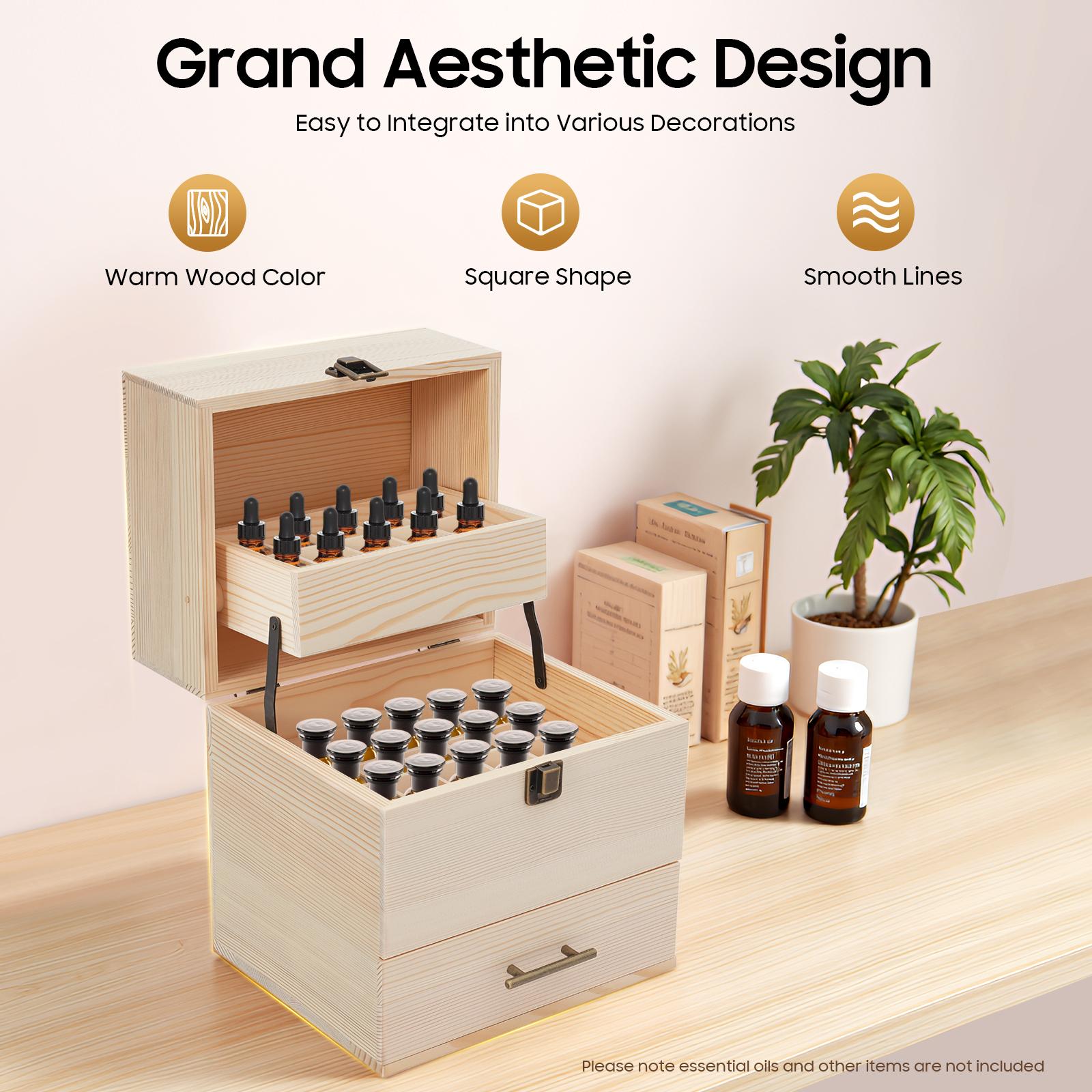 

3-Tier Pine Wood Essential Oil Storage Box Essential Oil Display Case 59 Slots for 10-15ml Bottles W/ Drawer Tray Latch Lock United States