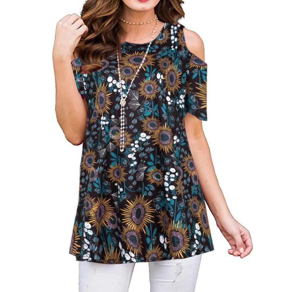 QICED Летний принт с открытыми плечами и коротким рукавом — фото 26