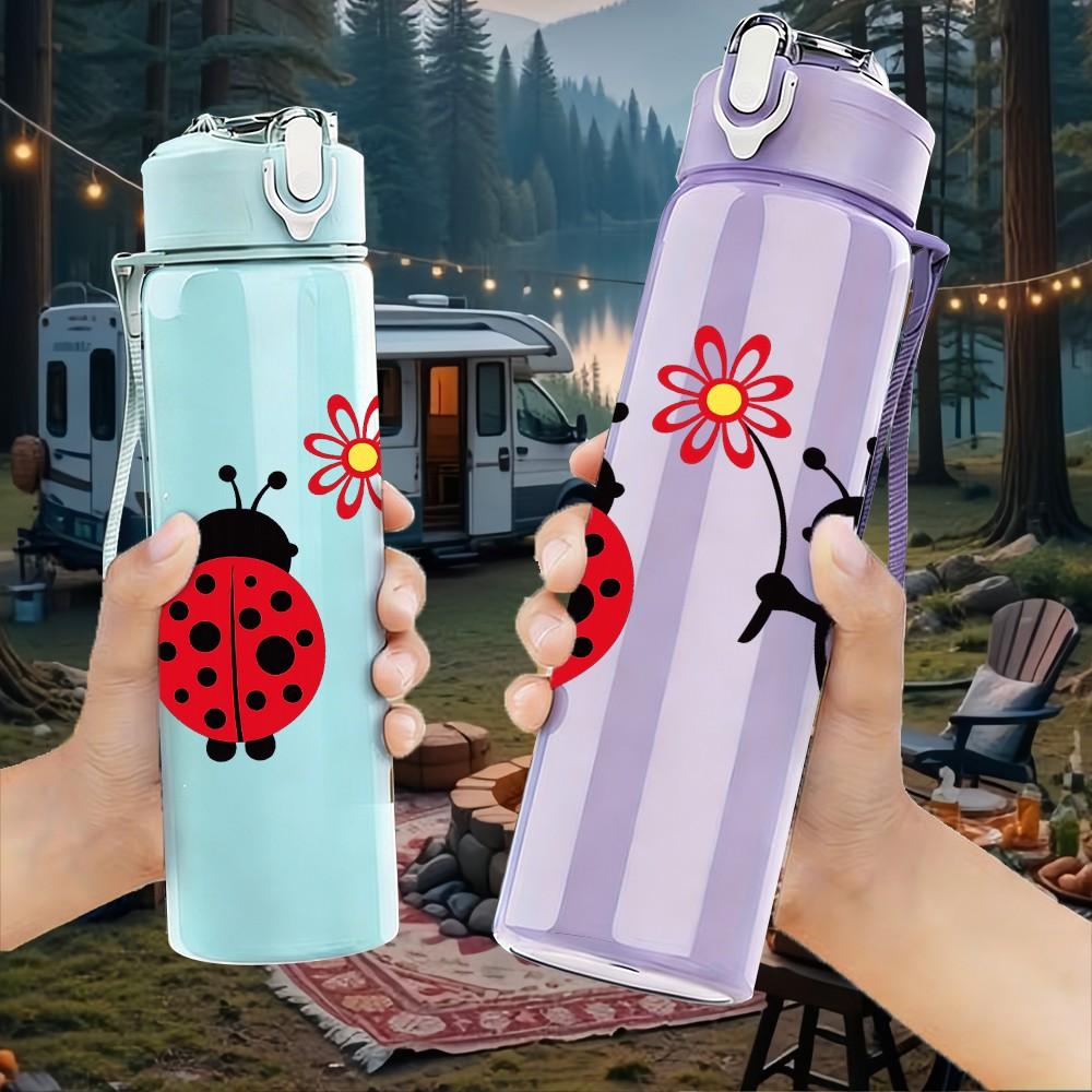 1PC Red Black Ladybug Insect Pair Print 750ml Color Plastic Sports Water Bottle Leakproof Flip Straw Lid Suitable for Sports Office Home Use
