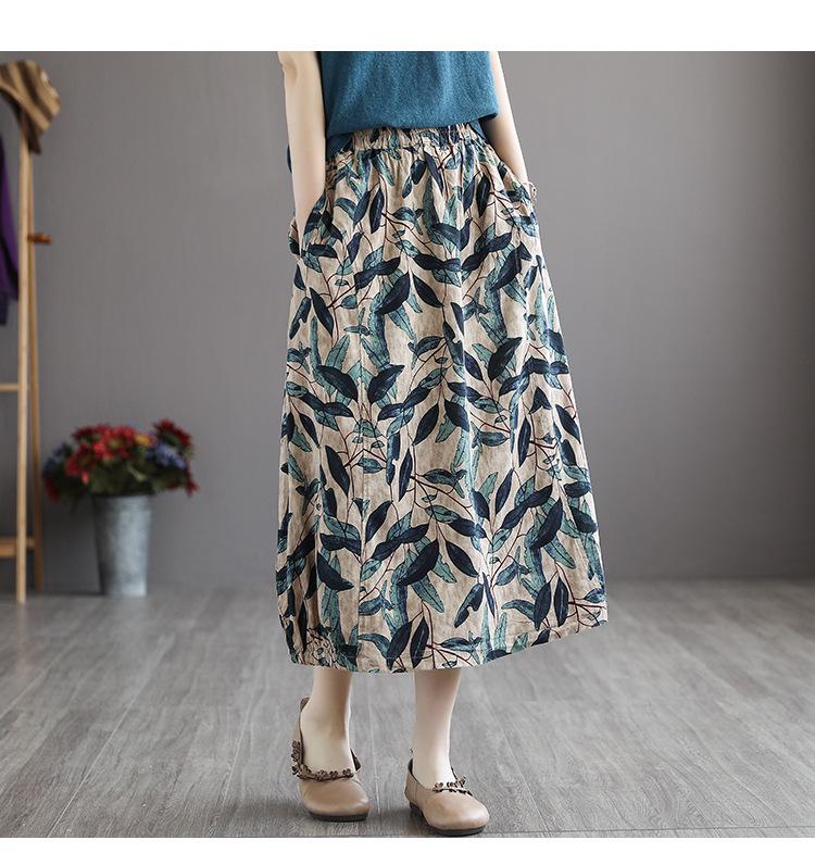 Retro Art Thin Cotton-Linen Skirt for Women – Digital Print, Big Swing, Long & Lightweight for Summer