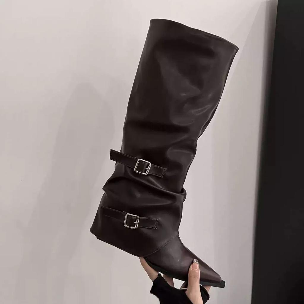 Bottes à boucle de ceinture bottes à talons épais bottes longues femme babes européennes et américaines bottes hautes pointues noires bottes pantalon