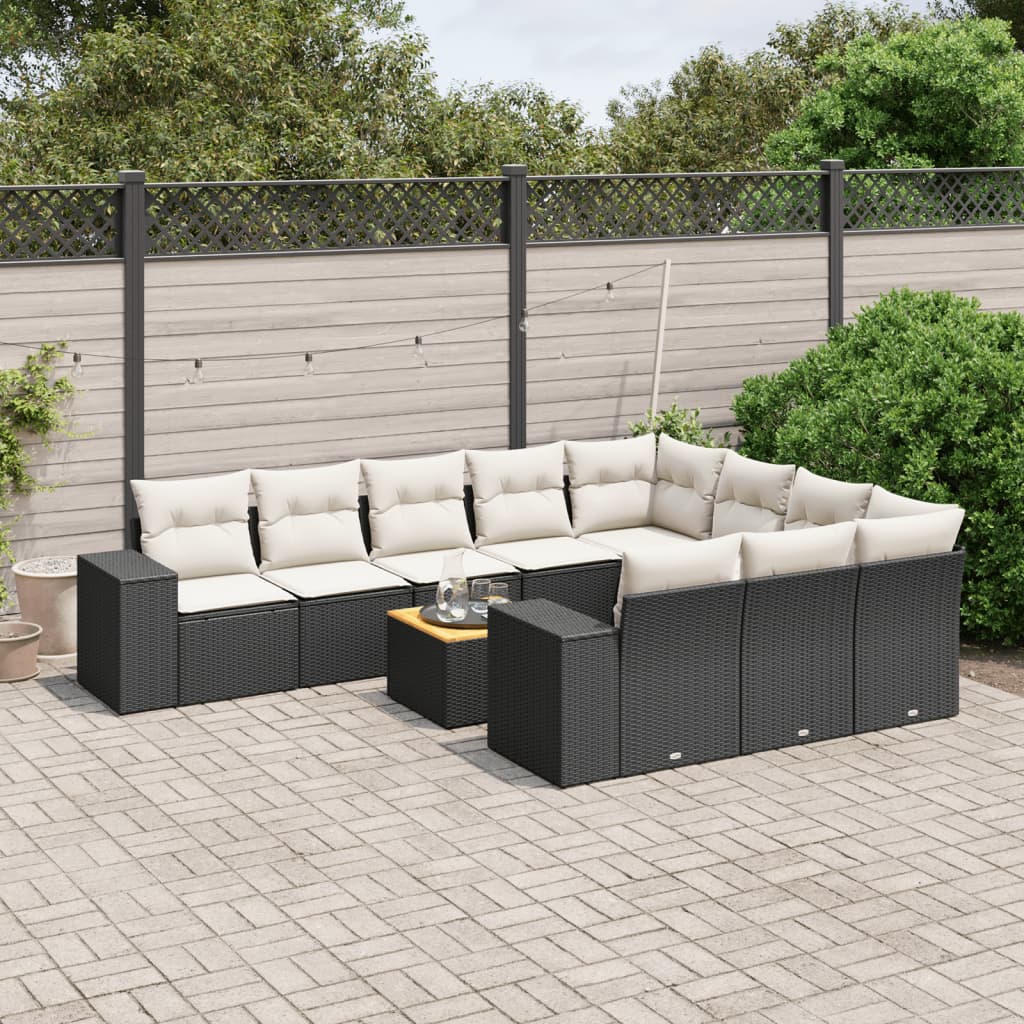 11 piece Garden Sofa Set with Cushions Black Poly Rattan
