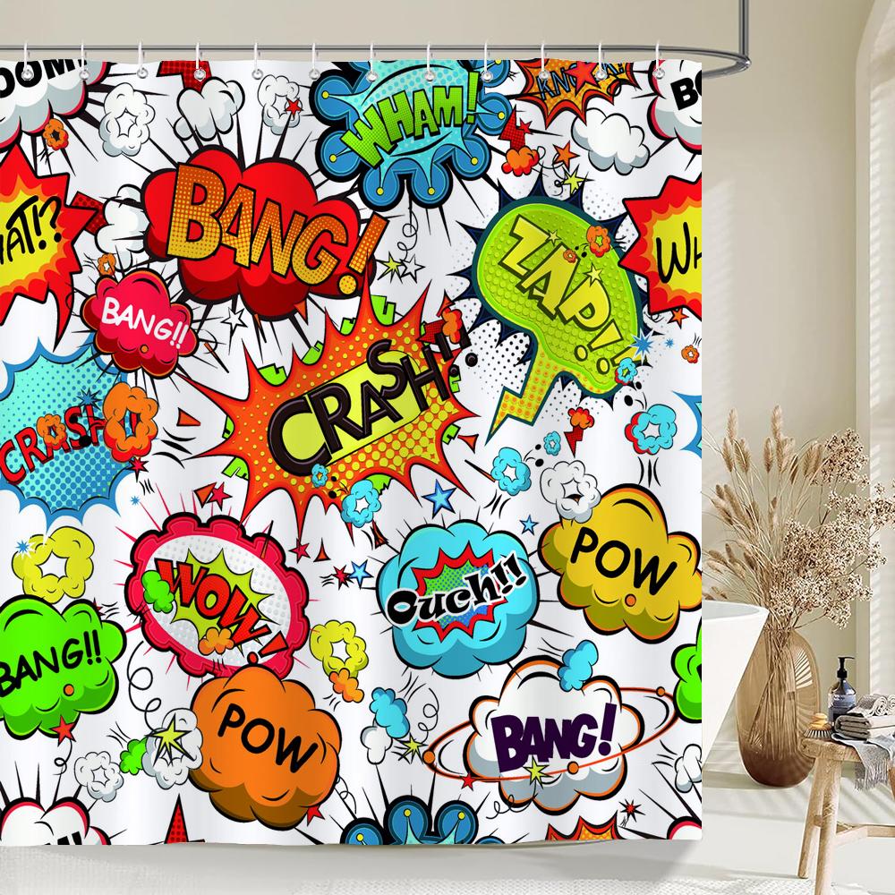 

Мультяшная личность Занавеска для душа Смешной принт взрыва Ткань Водонепроницаемый полиэстер Занавески для ванной комнаты Декор с крючками W90xH180cm