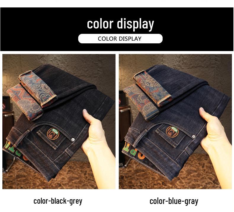 Pánské volné rovné strečové džíny s výšivkou - Trendy podzimní styl 2025 ležérní dlouhé kalhoty