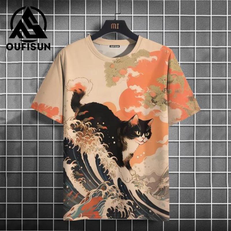 

Мужская футболка в японском стиле Ukiyo-E, футболки с принтом кота, повседневные футболки с короткими рукавами. Мужская одежда большого размера, летние топы 6XL