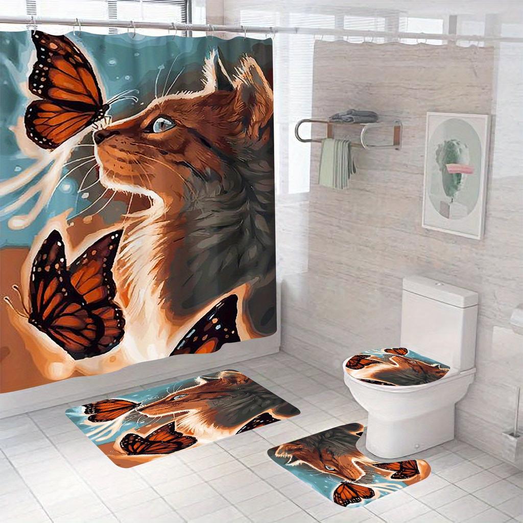 4Pcs Blue Tone Background Cat Butterfly Pattern Shower Curtain Set Bathroom Curtain, Bathroom Decor Shower Curtain, Floor Mat
