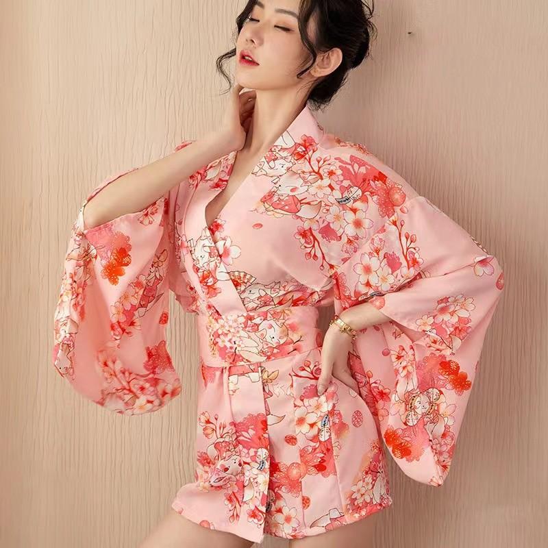 Sexy Lingerie Cheongsam Printed Open Placket Pink Temptation Kimono Set Performance Suit